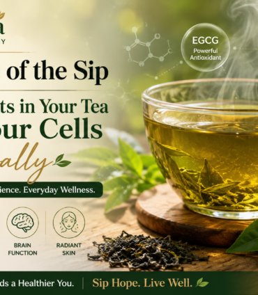 A steaming cup of green tea with fresh tea leaves, highlighting antioxidants like EGCG and catechins that support cellular health, immunity, heart health, and overall wellness by Asha Tea Company.