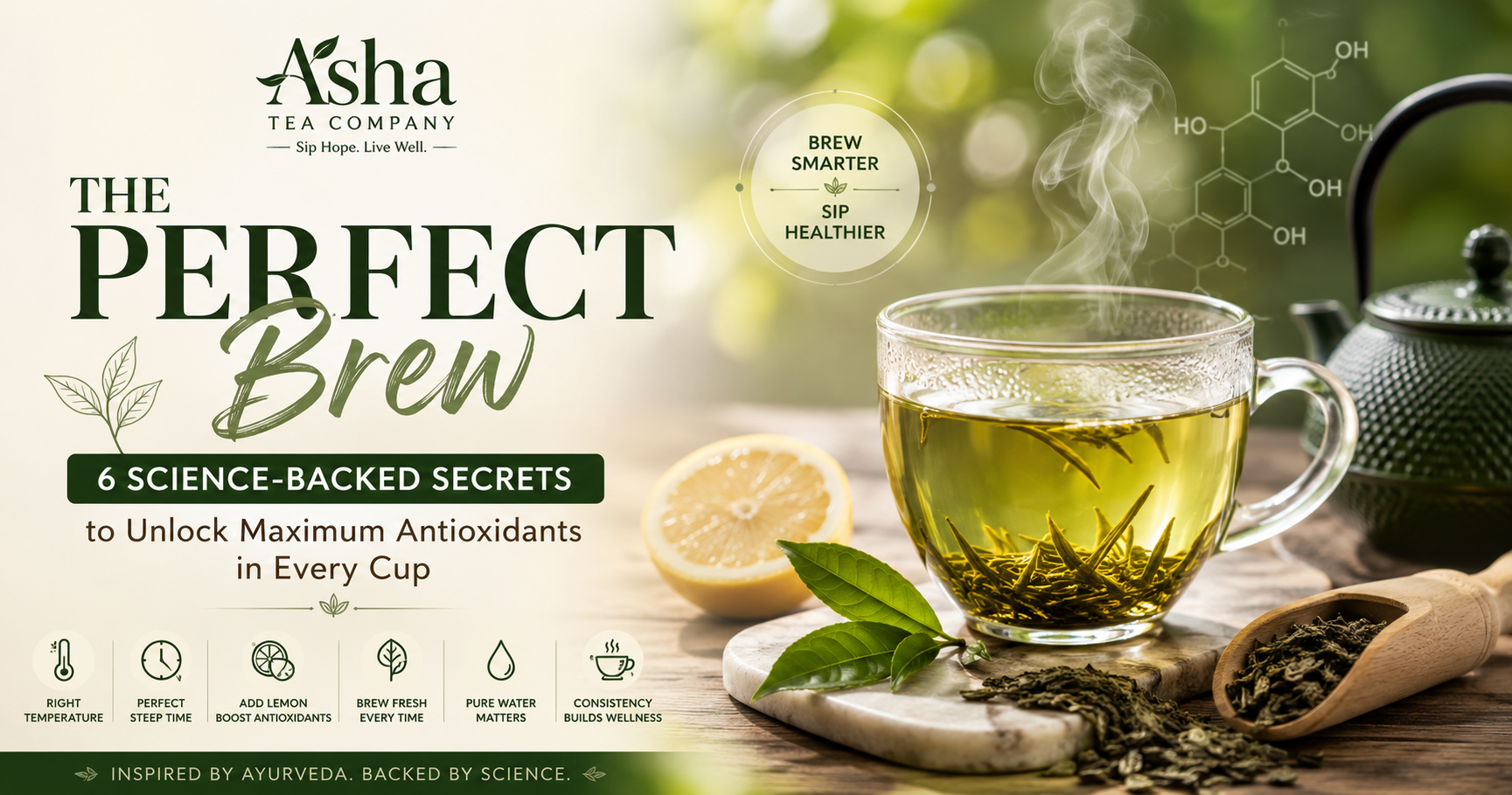Perfect tea brewing guide showing a steaming cup of green tea, fresh tea leaves, lemon, and brewing tips to maximize antioxidants naturally.