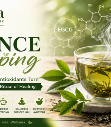 Steaming cup of green tea with fresh tea leaves illustrating catechins, antioxidants, and the science of proper tea steeping.