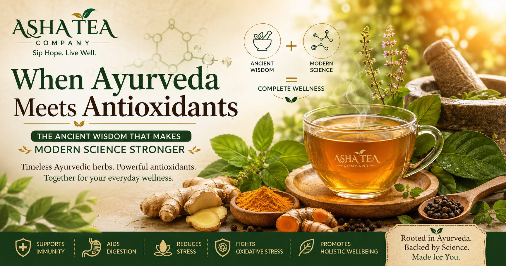 Ayurvedic herbs including tulsi, turmeric, ginger, and green tea illustrating the connection between ancient Ayurveda and modern antioxidant science.