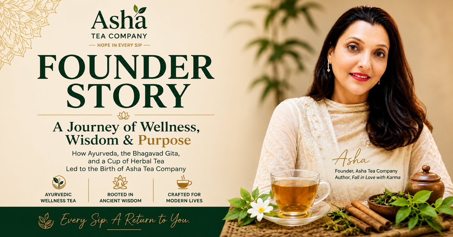Asha Tea Company founder sharing her journey of wellness, wisdom, and purpose through Ayurveda, the Bhagavad Gita, and herbal tea