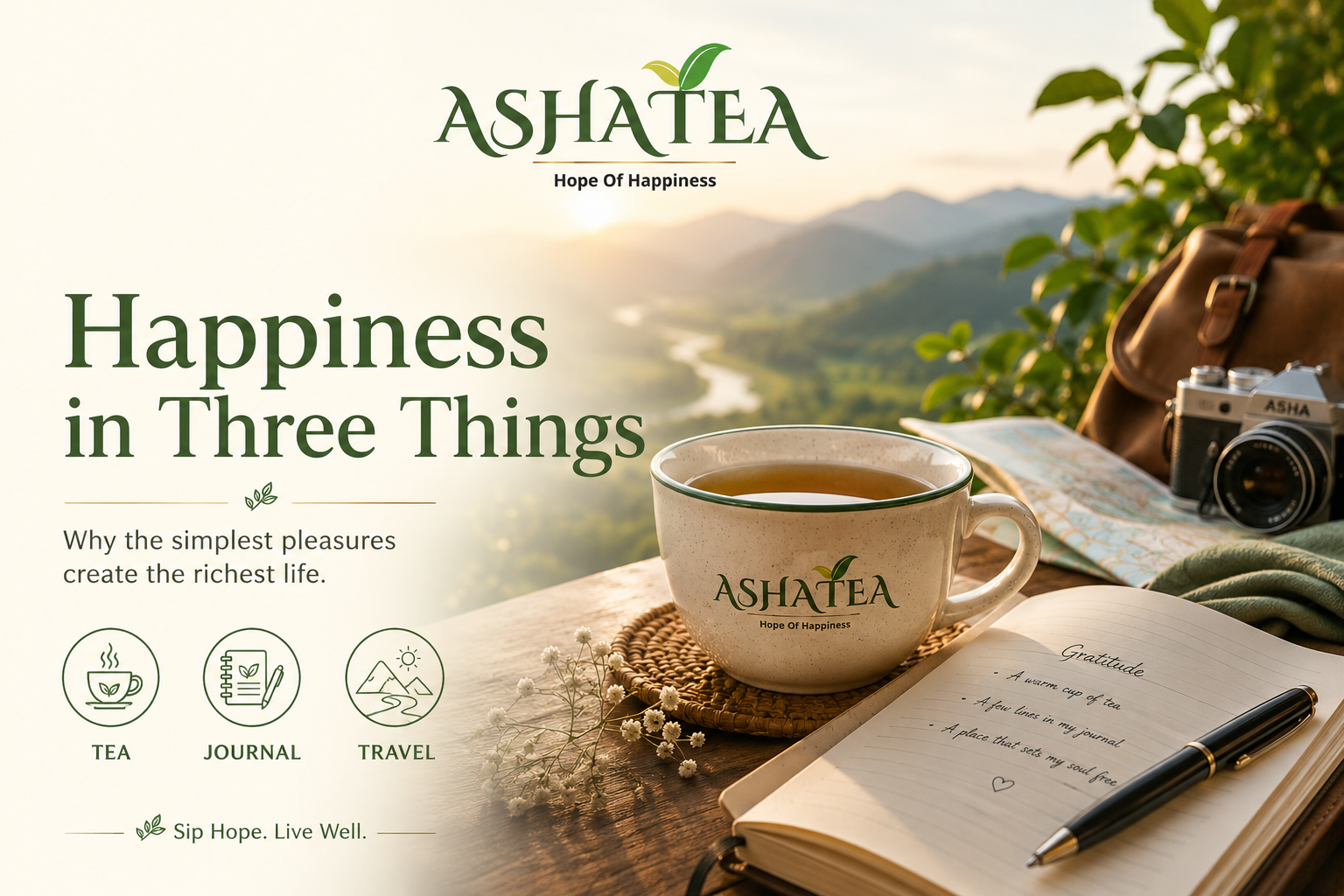 A cup of Asha Tea beside a journal and travel essentials representing happiness in three simple things