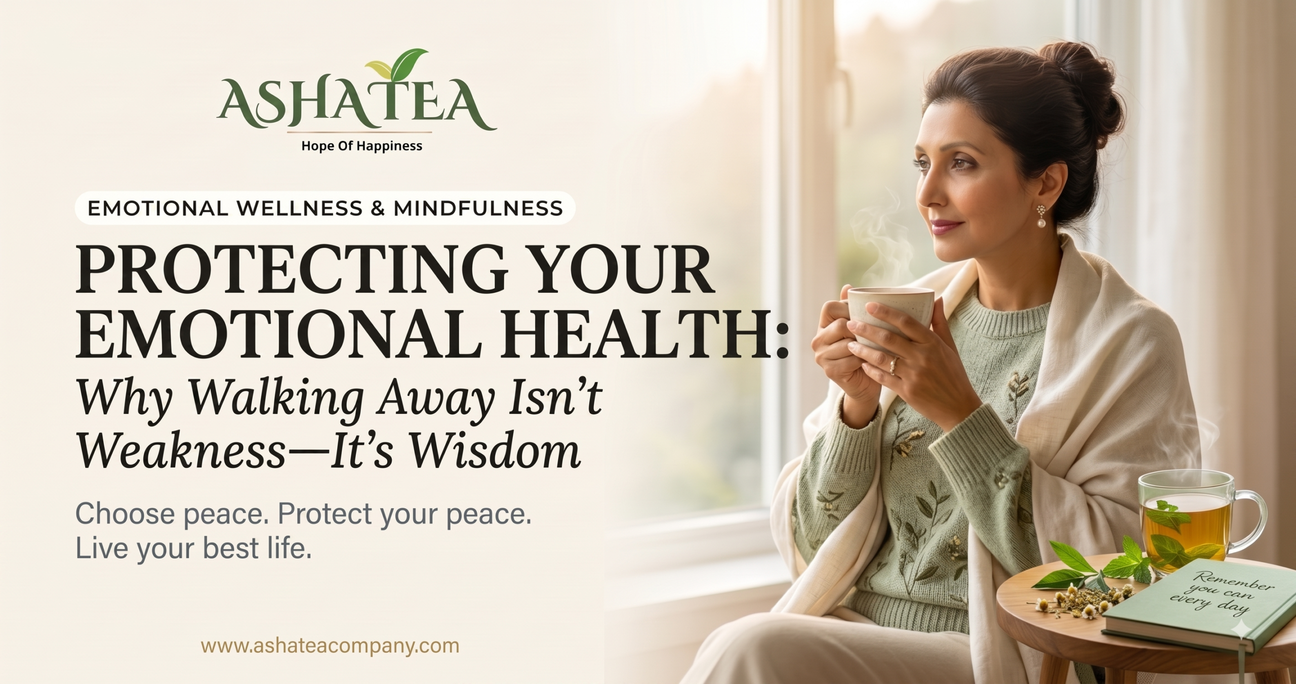 Asha Tea Company blog banner titled "Protecting Your Emotional Health: Why Walking Away Isn't Weakness—It's Wisdom" featuring a woman holding a cup of tea by a bright window.