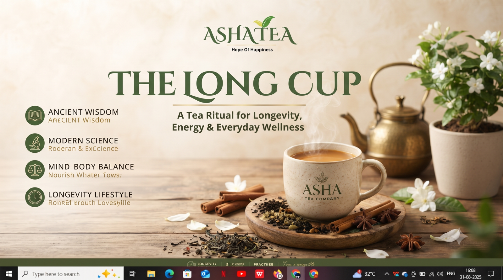“A warm ceramic cup of tea with steam and tea leaves on a wooden table, featuring the Asha Tea Company logo and the title 'The Long Cup: A Tea Ritual for Longevity'.”