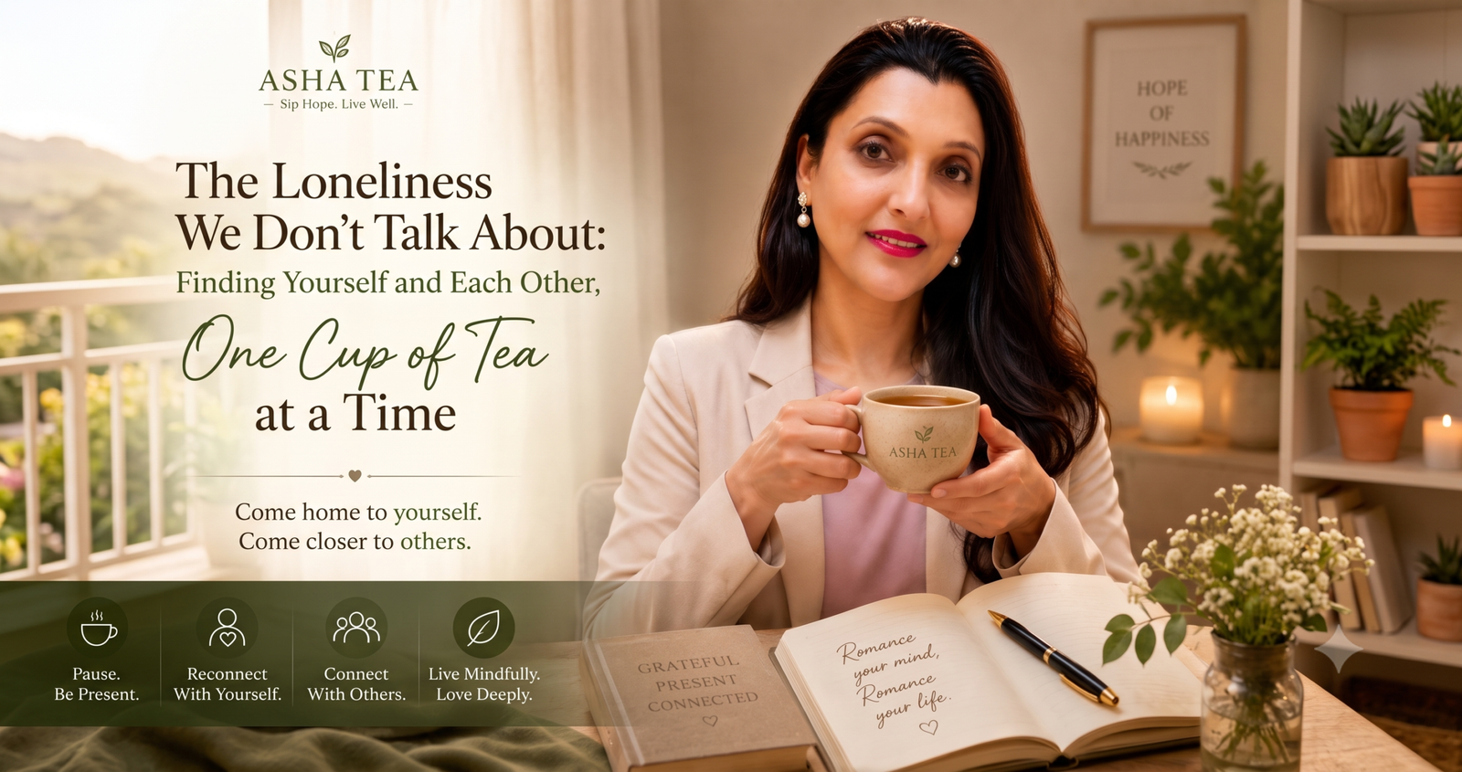 A woman holding an Asha Tea cup at a wooden desk with an open journal, beside text reading "The Loneliness We Don't Talk About: Finding Yourself and Each Other, One Cup of Tea at a Time."