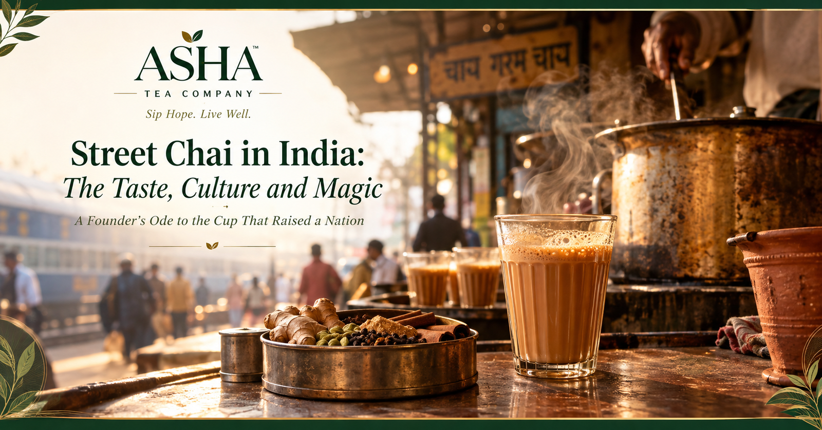 Street chai in India with steaming masala tea and traditional spices