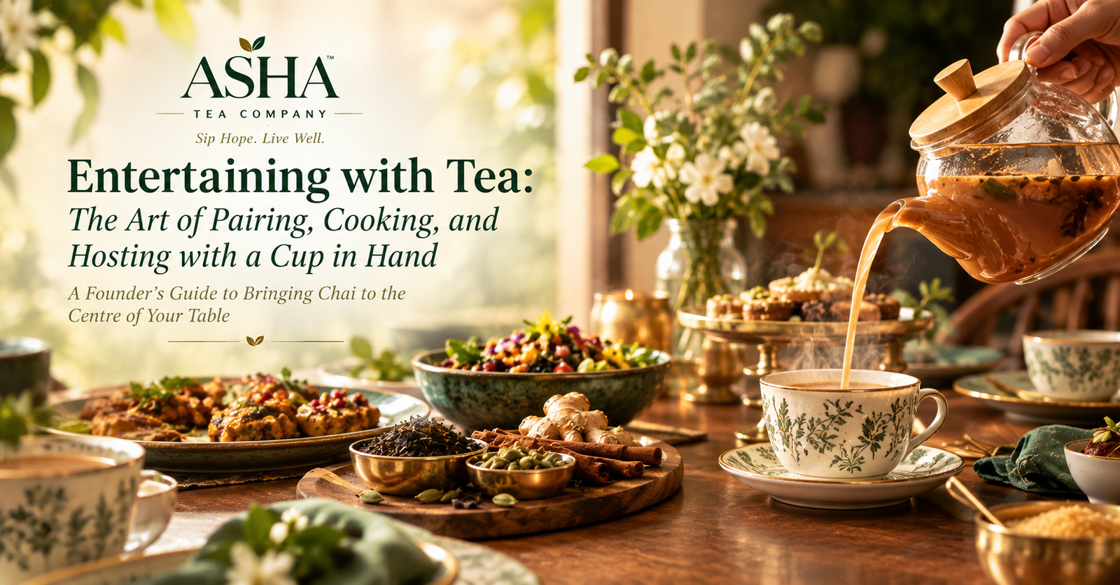 Entertaining with tea with chai, food pairings and spices on a table