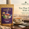 Asha Tea Calm and Relax herbal blend with tea cup, luggage and airport background