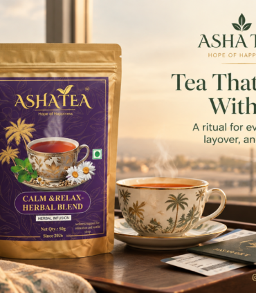 Asha Tea Calm and Relax herbal blend with tea cup, luggage and airport background