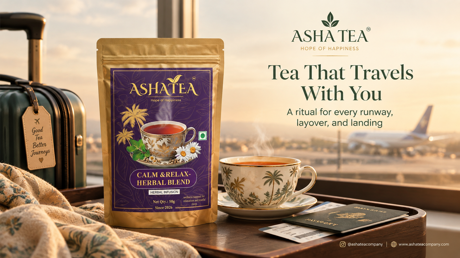 Asha Tea Calm and Relax herbal blend with tea cup, luggage and airport background