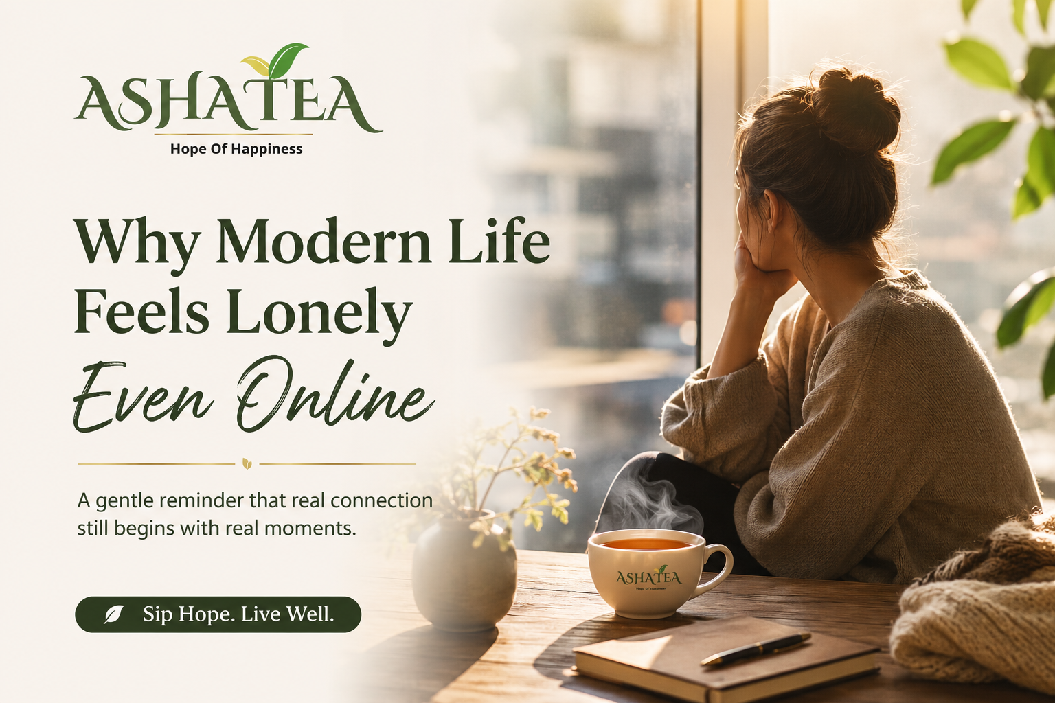 A thoughtful woman who feels lonely online looking out a sunlit window with a warm cup of Asha Tea.