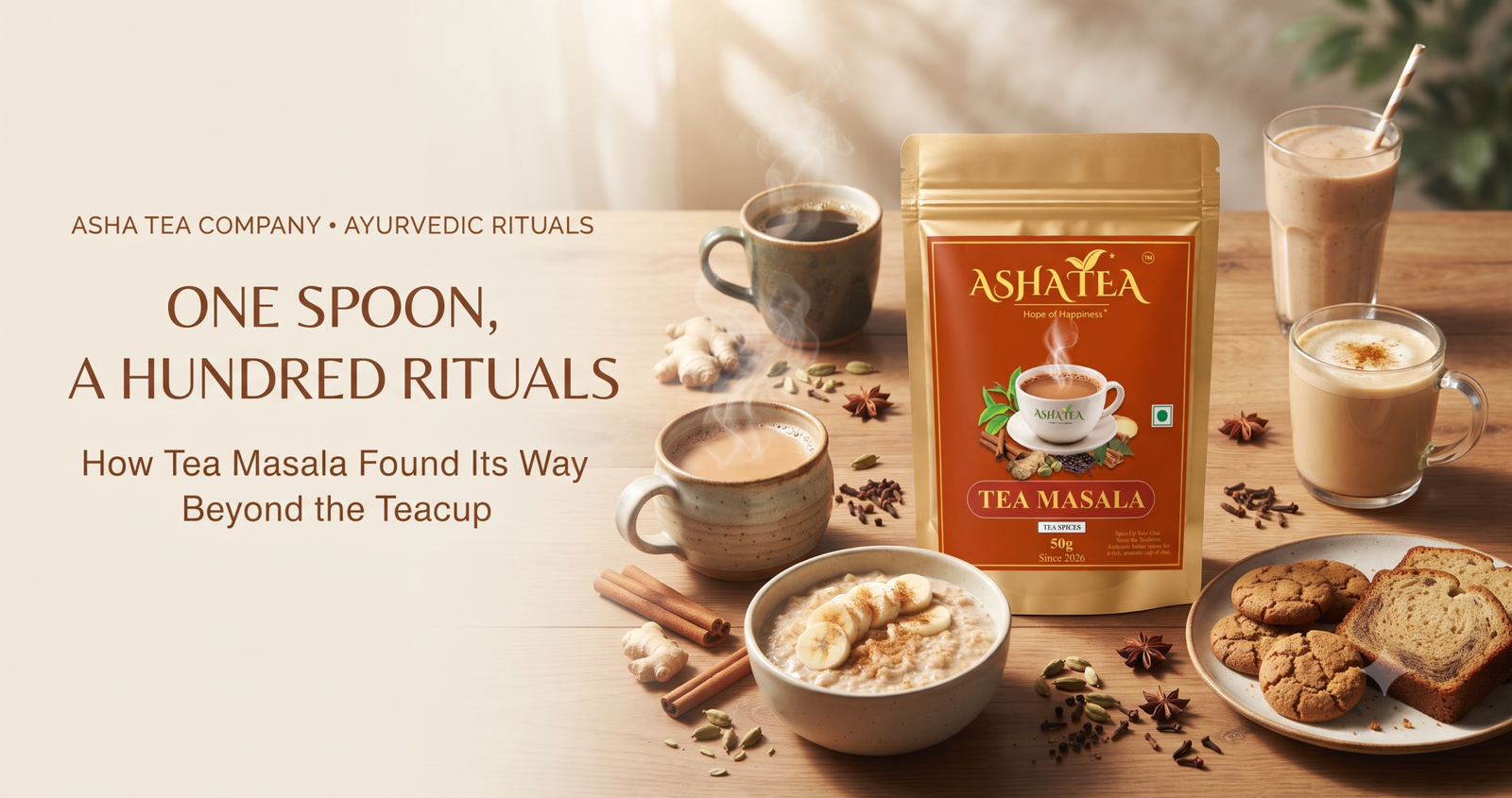 A promotional image for Asha Tea Company's 'One Spoon, A Hundred Rituals' campaign, featuring the gold 'TEA MASALA' pouch alongside diverse prepared food and drinks like chai, coffee, latte, oatmeal, smoothies, and cookies on a wooden table.