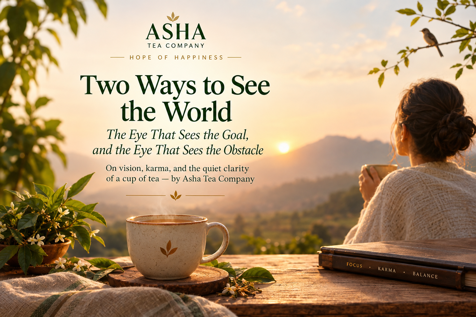 Asha Tea Company featured image for Two Ways to See the World, with a warm cup of tea, sunrise and peaceful mountain views.